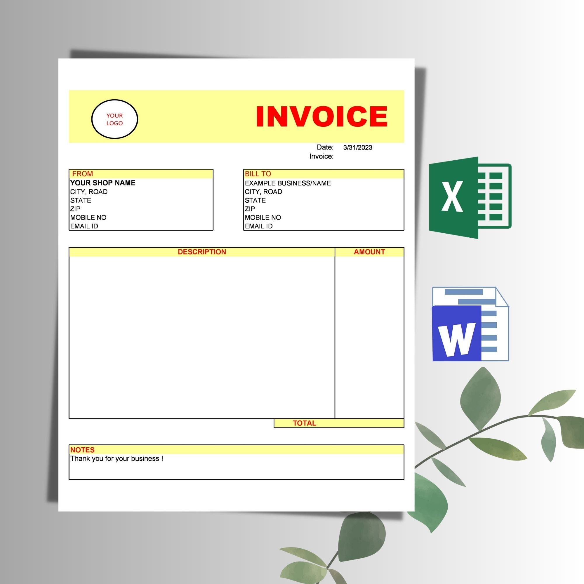Editable Invoice Template, Microsoft Word & Excel | Digital Download - Etsy