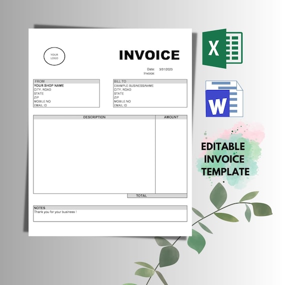 Editable Invoice Template, Microsoft Word & Excel | Digital Download