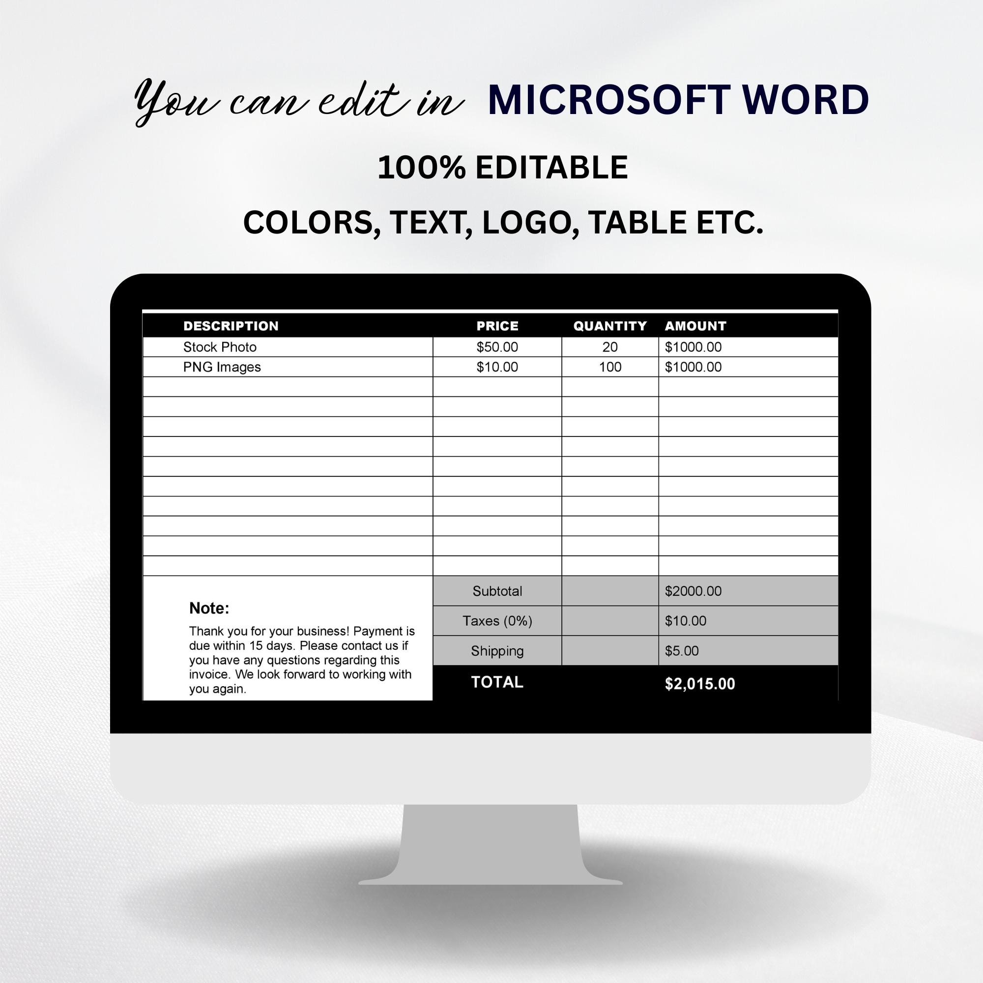 Editable Invoice Template: Small Business Form (microsoft Word & PDF ...