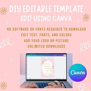 May include: A laptop displays a DIY editable template, edited using Canva. The text on the screen reads "ONE silly goose". The image includes the text: "NO SOFTWARE OR FONTS REQUIRED TO DOWNLOAD, EDIT TEXT, FONTS, AND COLORS, ADD YOUR LOGO OR PICTURE, UNLIMITED DOWNLOADS". A Canva logo is visible.