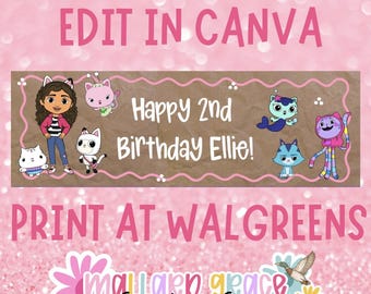 May include: A rectangular banner with a brown paper texture background and a pink scalloped border. The text reads "Happy 2nd Birthday Ellie!" surrounded by cartoon illustrations of a girl and several colourful cat characters.