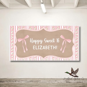 May include: A rectangular banner with a light brown centre, pink ribbons, and the text "Happy Sweet 16 ELIZABETH!". The banner has a pink and white striped border with floral accents. A duck illustration is in the bottom right corner.