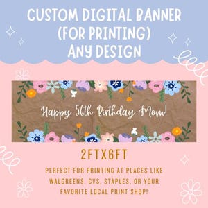 May include: A custom digital banner design with the text "Happy 56th Birthday Mom!" surrounded by floral illustrations. The banner is 61cm by 183cm. The design is on a brown background with a pink and blue decorative border.
