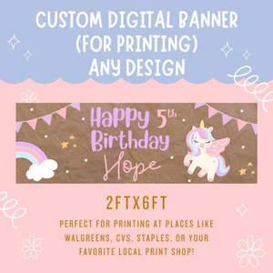 May include: Custom digital banner with the text "Happy 5th Birthday Hope" and a unicorn illustration. The banner is 61cm x 183cm. The design includes a rainbow, stars, and bunting. The banner is designed for printing.
