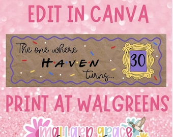 May include: A rectangular sign with a brown paper background featuring the text "The one where HAVEN turns..." and the number "30" inside a yellow ornate frame. The design includes a purple wavy border and colourful confetti-like accents.