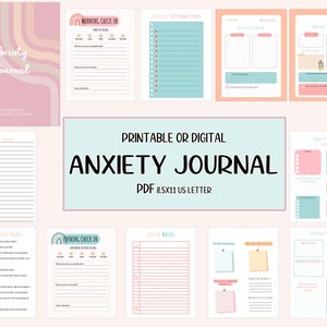 Puede incluir: Diario de ansiedad imprimible o digital con páginas para el registro de la mañana y la noche, notas rápidas, afirmaciones contra la ansiedad y mucho más. El diario mide 8,5 x 11 pulgadas y tiene un esquema de color pastel con acentos de arcoíris.