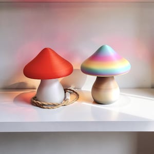 Op de afbeelding: Twee paddenstoelvormige lampen. Eén heeft een rode kap en een witte steel, met een met touw omwikkelde basis. De andere heeft een regenboogkleurige kap en een beige steel. Beide lampen staan op een witte plank.