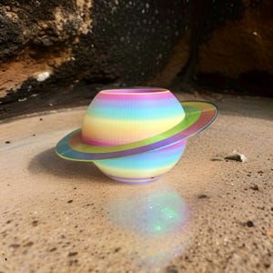 Puede incluir: Un objeto decorativo con forma de planeta, con rayas de arcoíris y un anillo. El objeto está sobre una superficie arenosa, con su reflejo visible debajo. La paleta de colores incluye tonos pastel de rosa, amarillo, azul y verde.