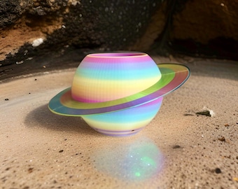 May include: A colorful, planet-shaped decorative object with rainbow stripes and a ring. The object is sitting on a sandy surface, and its reflection is visible below. The color palette includes pastel shades of pink, yellow, blue, and green.