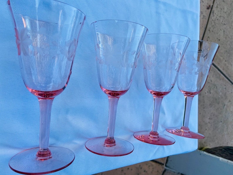 Pink Depression Glass Etched Stemware Set of 4 Etsy
