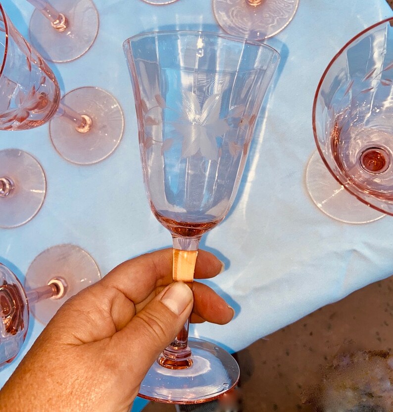 Pink Depression Glass Etched Stemware Set of 4 Etsy