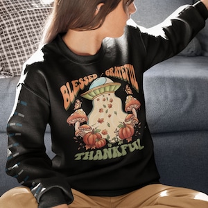 Fall Crewneck Sweatshirt, blessed, grateful, thankful, vintage,retro, boho, mushrooms and pumpkins, gift, cute and cozy
