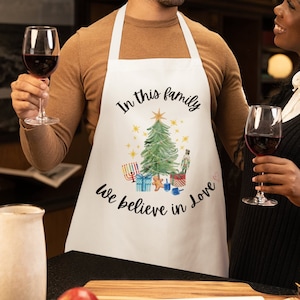 Christmas and Hanukkah Adult Apron, Chrismakuh, Holiday Apron, Christmas Gift, Holiday Gift, In this family We believe in Love, Cooking gift