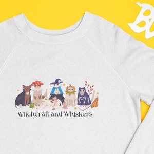 Halloween Unisex Garment-Dyed Sweatshirt, Fall Sweatshirt Cute Cat Sweatshirt, Witchcraft and Whiskers, funny cat shirt, Halloween Gift,Cozy