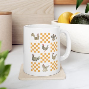 Chicken Ceramic Mug 11oz, Yellow checkered chicken mug, Vintage Design, Cottagecore, Gift Chicken Lovers, Chicken Cup, Chicken Gift,Cute Mug