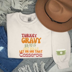 Funny Thanksgiving Sweatshirt, Thanksgiving shirt, Cute Vintage Casserole Dish Sleeve Print, S - Plus Sizes,  Thanksgiving Holiday Gift