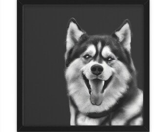 Happy Black and White Husky Dog, Art mural, Décoration intérieure, Affiche, Impression, Cadeau amusant