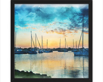 Bateaux à l'aquarelle dans le port, art mural, décoration d'intérieur, affiche, impression, cadeau amusant