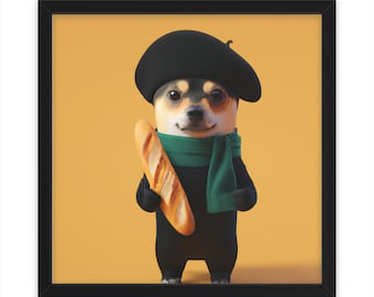 Shiba Inu tenant Baguette, Décoration intérieure, Art mural, Cadeau amusant, Art animal