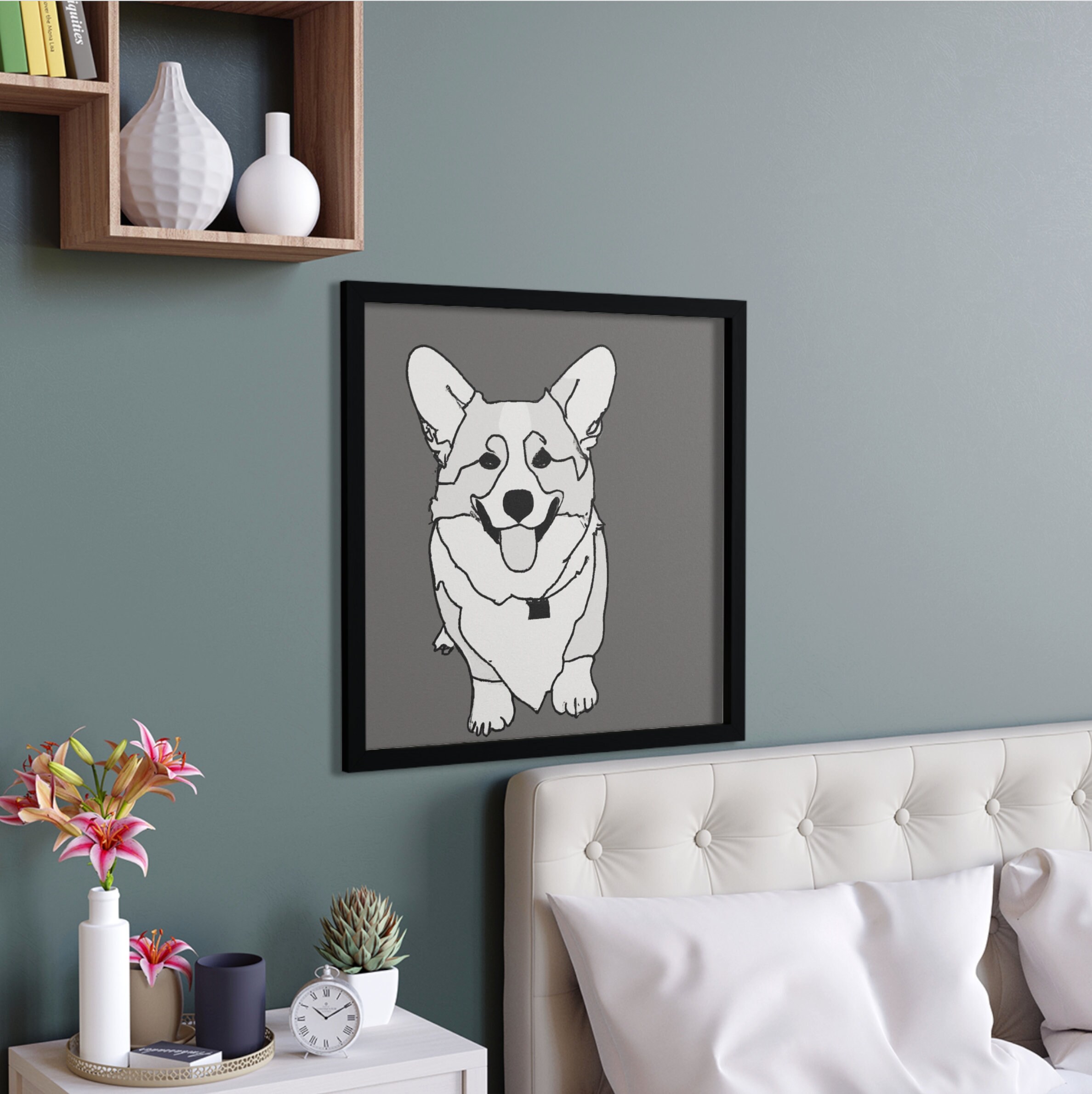 Doodle Black and White Corgi Dog, Wall Art, Home Decor, Poster, Print ...
