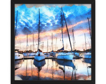 Voiliers aquarelles colorées dans le port, art mural, décoration d'intérieur, affiche, impression, cadeau amusant