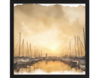 Voilier dans le port au coucher du soleil, art mural, décoration d'intérieur, affiche, impression, cadeau amusant