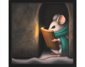 Souris lisant à la lueur d'une bougie, art mural, décoration d'intérieur, affiche, impression, cadeau amusant