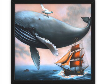 La baleine plane au-dessus d’un petit voilier, Art mural, Décoration intérieure, Affiche art mural