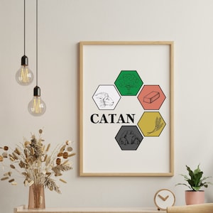 Collection d'affiches imprimables de Catane. Huit affiches uniques sur le thème du jeu de société Catane, téléchargement immédiat des affiches Catane.