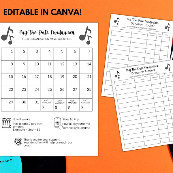 Pick a Date to Donate, Pay The Date Music Fundraiser, Editable Calendar Sponsor a Date, Marching Band, Choir, Orchestra Fundraising Calendar