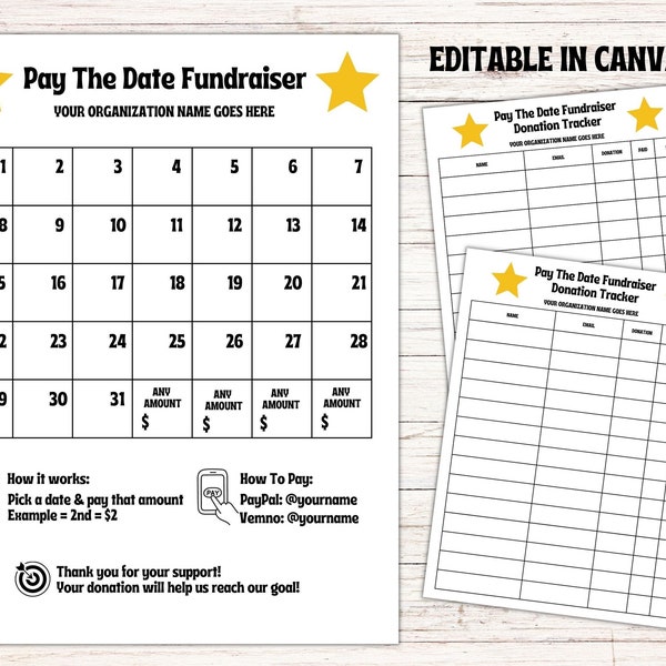 Pick a Date to Donate, Pay The Date Fundraiser, Editable Calendar Sponsor a Date, Digital PTA Team School, PTO, Fundraising Calendar