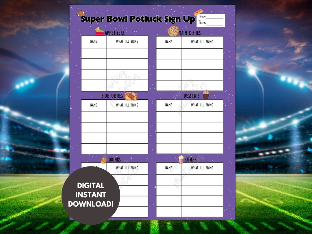 Super Bowl Potluck Sign-up Sheet: Printable Party List (PDF) - Etsy