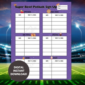 Super Bowl Potluck Sign up Sheet Printable for Potluck Party Sign up