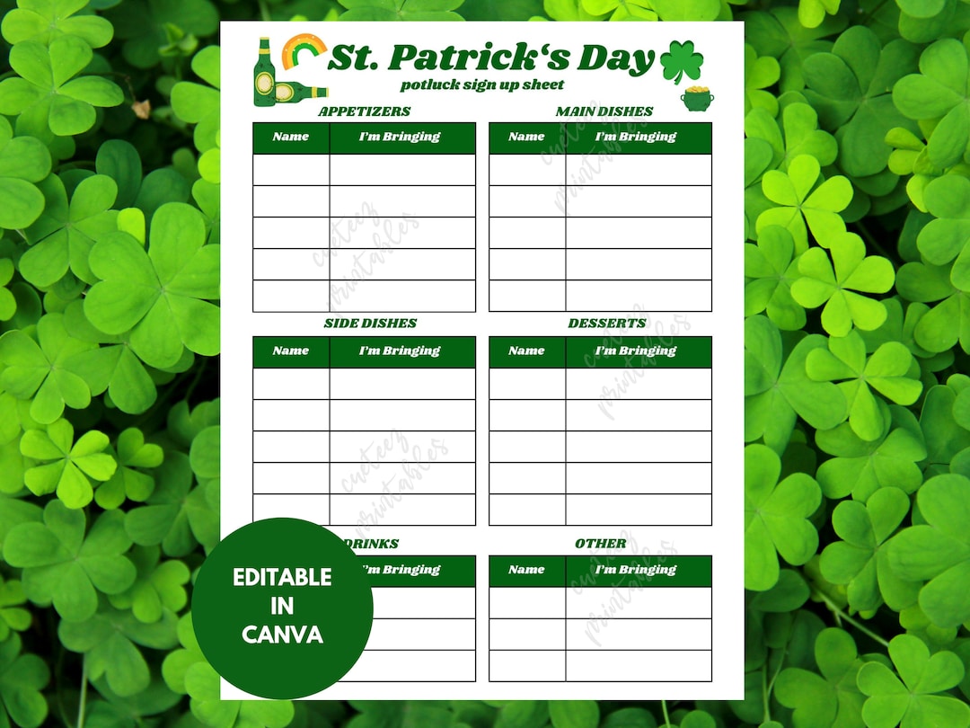 EDITABLE St. Patrick's Day Potluck Sign up Sheet, Printable for Potluck ...