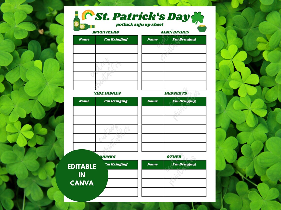 EDITABLE St. Patrick's Day Potluck Sign up Sheet, Printable for Potluck ...