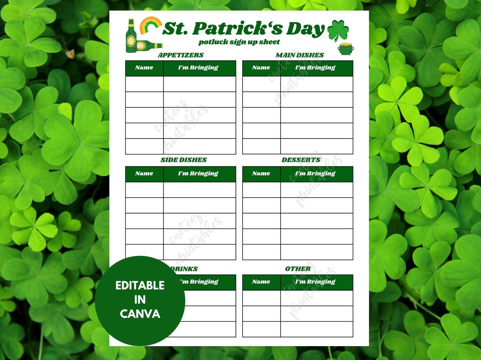 EDITABLE St. Patrick's Day Potluck Sign up Sheet, Printable for Potluck ...
