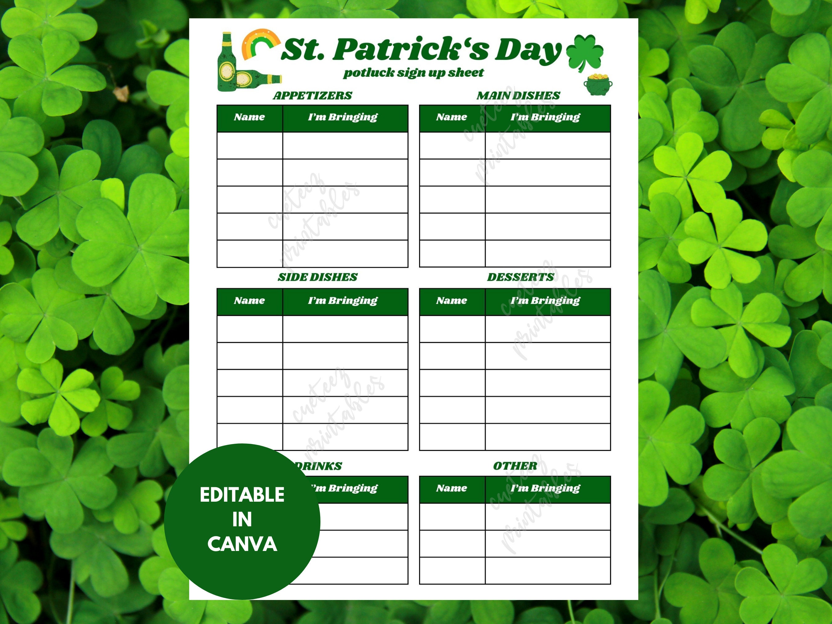 EDITABLE St. Patrick's Day Potluck Sign up Sheet, Printable for Potluck ...
