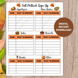 Fall Potluck Sign Up Sheet, Printable for Potluck Party, Sign Up For Potluck Lunch, Dinner, What To Bring Instant Download PDF