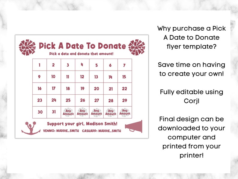 Editable Pick a Date Fundraiser, Editable Cheerleader Fundraiser