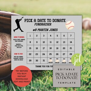 Pick a Date Fundraiser, Editable All Purpose Template, Calendar Sponsor a Date, Digital Baseball Team, Sports Fundraising Calendar