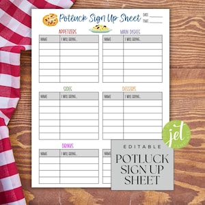 EDITABLE Potluck Sign Up Sheet, Printable for Potluck Party, Sign Up For Potluck Lunch, Dinner, What To Bring Instant Download PDF