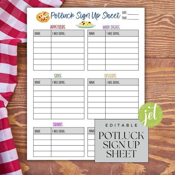 EDITABLE Potluck Sign Up Sheet, Printable for Potluck Party, Sign Up For Potluck Lunch, Dinner, What To Bring Instant Download PDF