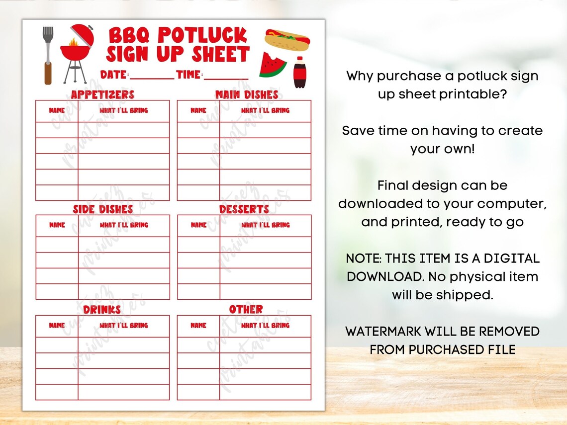 Potluck List.pdf BBQ Potluck Sign up Sheet, Printable Party List (PDF) - Etsy