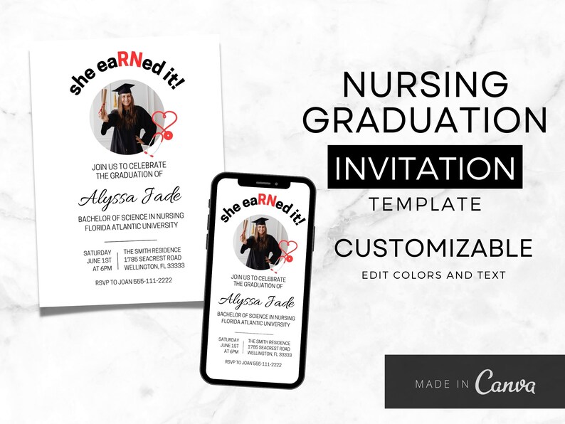 Nursing School Graduation Invitation Editable Canva - Etsy