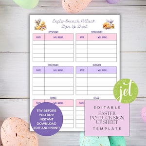 Op de afbeelding: Afdrukbare inschrijfformulier voor een paasbrunch-potluck met een pastelroze en paarse kleurschema. De sjabloon heeft secties voor hapjes, hoofdgerechten, bijgerechten, desserts, drankjes en andere. Het staat "Probeer het voordat je koopt! Direct downloaden, bewerken en afdrukken!" en "Bewerkbare inschrijfformulier voor een paas-potluck".