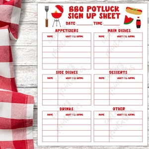 Potluck Sign Up Sheet, Printable for BBQ Potluck Party, Sign Up For Potluck Lunch, Dinner, What To Bring Instant Download PDF