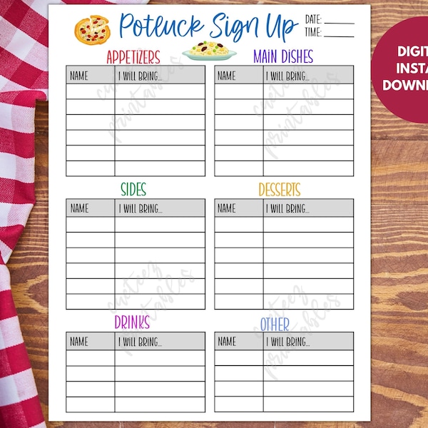 Potluck Sign Up Sheet, Printable for Potluck Party, Sign Up For Potluck Lunch, Dinner, What To Bring Instant Download PDF