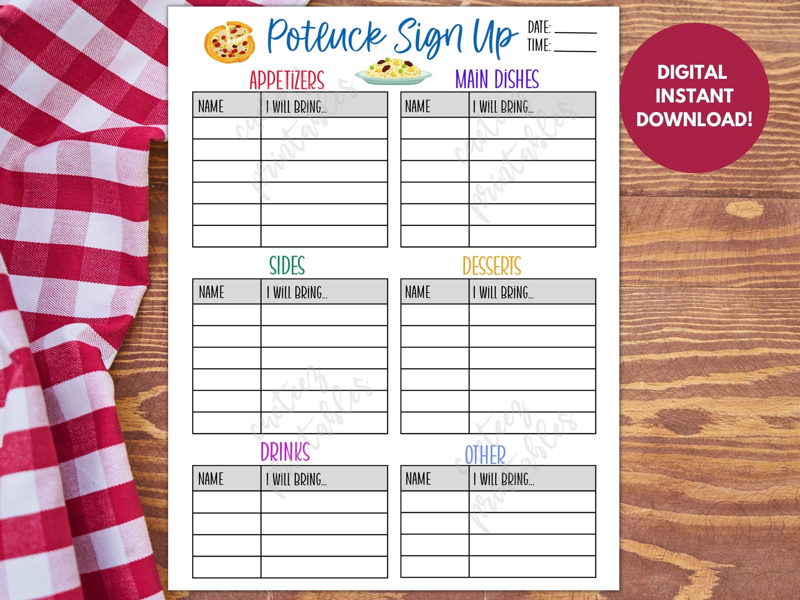 Potluck Sign up Sheet, Printable for Potluck Party, Sign up for Potluck