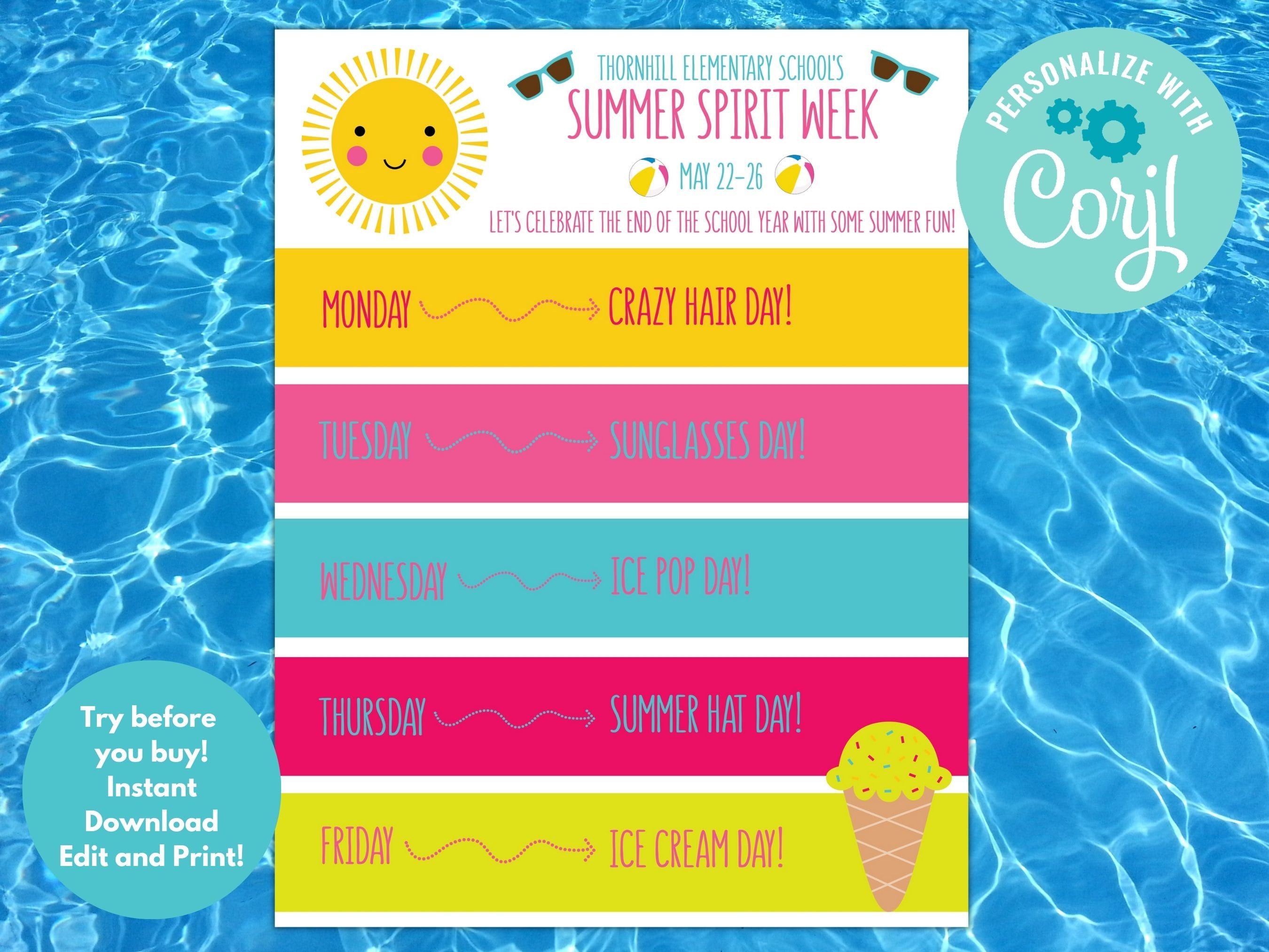 Summer Spirit Week Flyer Printable School Activity Schedule - Etsy