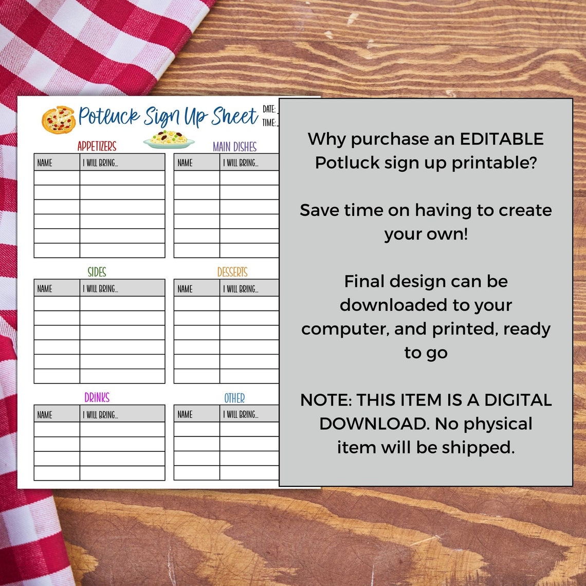 Editable Potluck Sign up Sheet, Printable PDF - Etsy